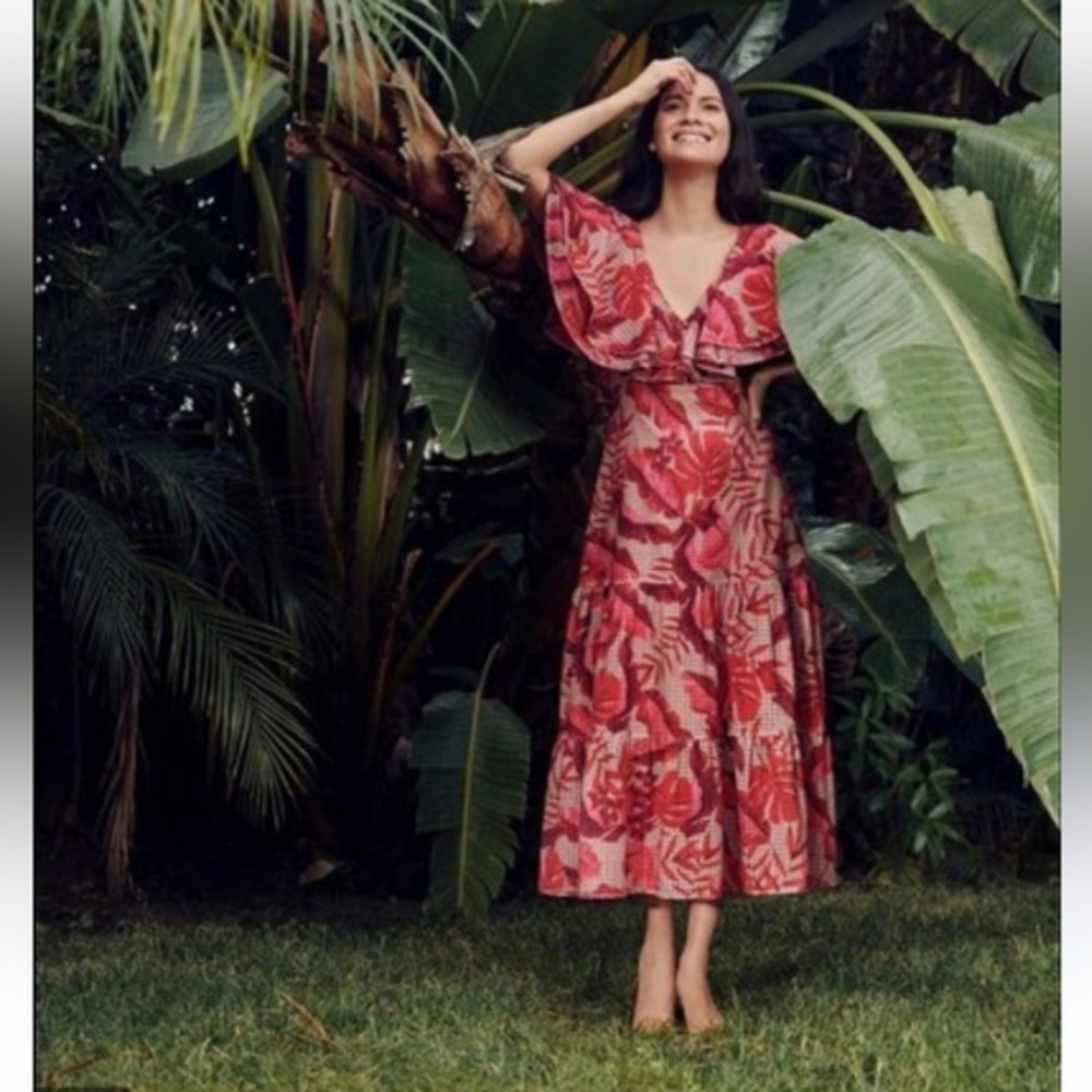 Floral Red V-Neck Midi Dress